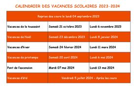 Calendrier des Vacances Scolaires 2023-2024