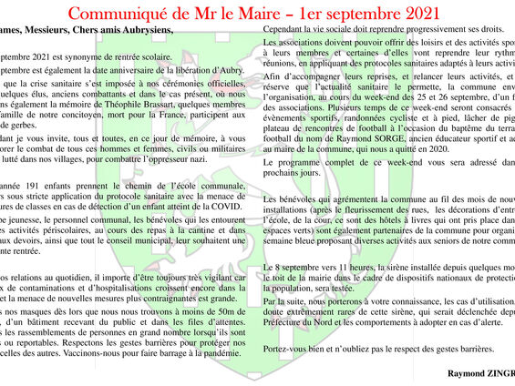 Communiqué de Mr le Maire - 1er septembre 2021