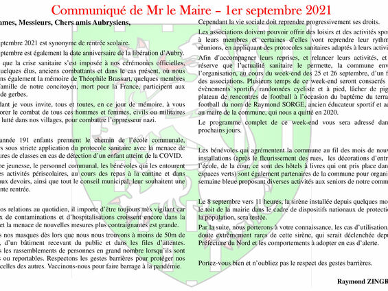 Communiqué de Mr le Maire - 1er septembre 2021