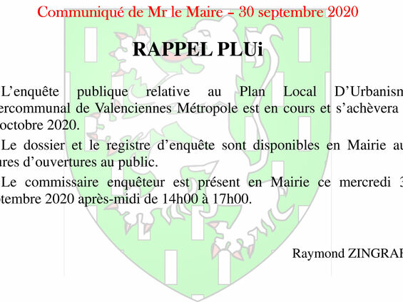 Communiqué de Mr le Maire - 30 septembre 2020