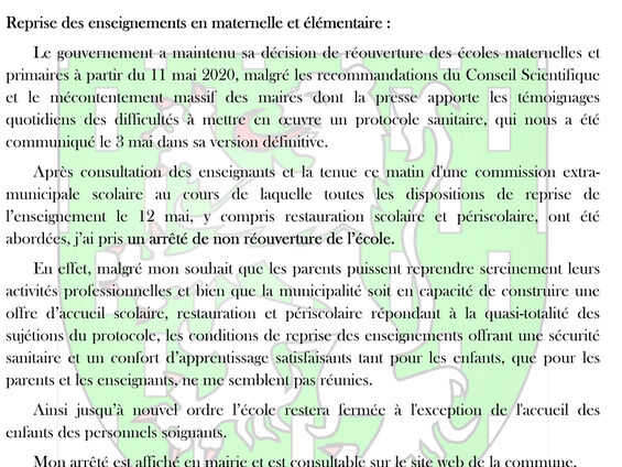 Communiqué fermeture école