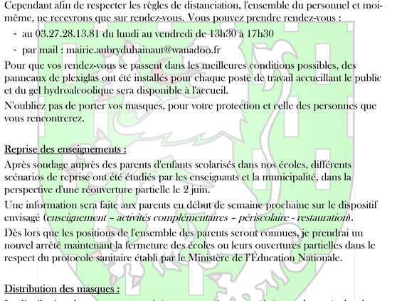 Communiqué de Mr le Maire - 22 mai 2020